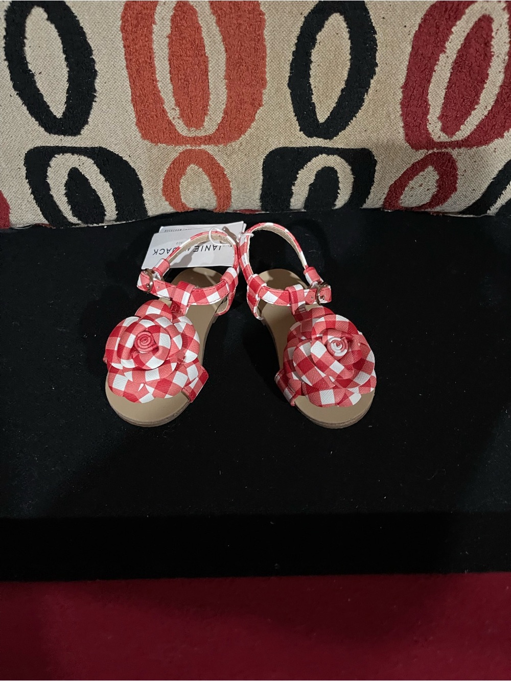 Janie and Jack Red and White Gingham Flower Toddler Sandals
